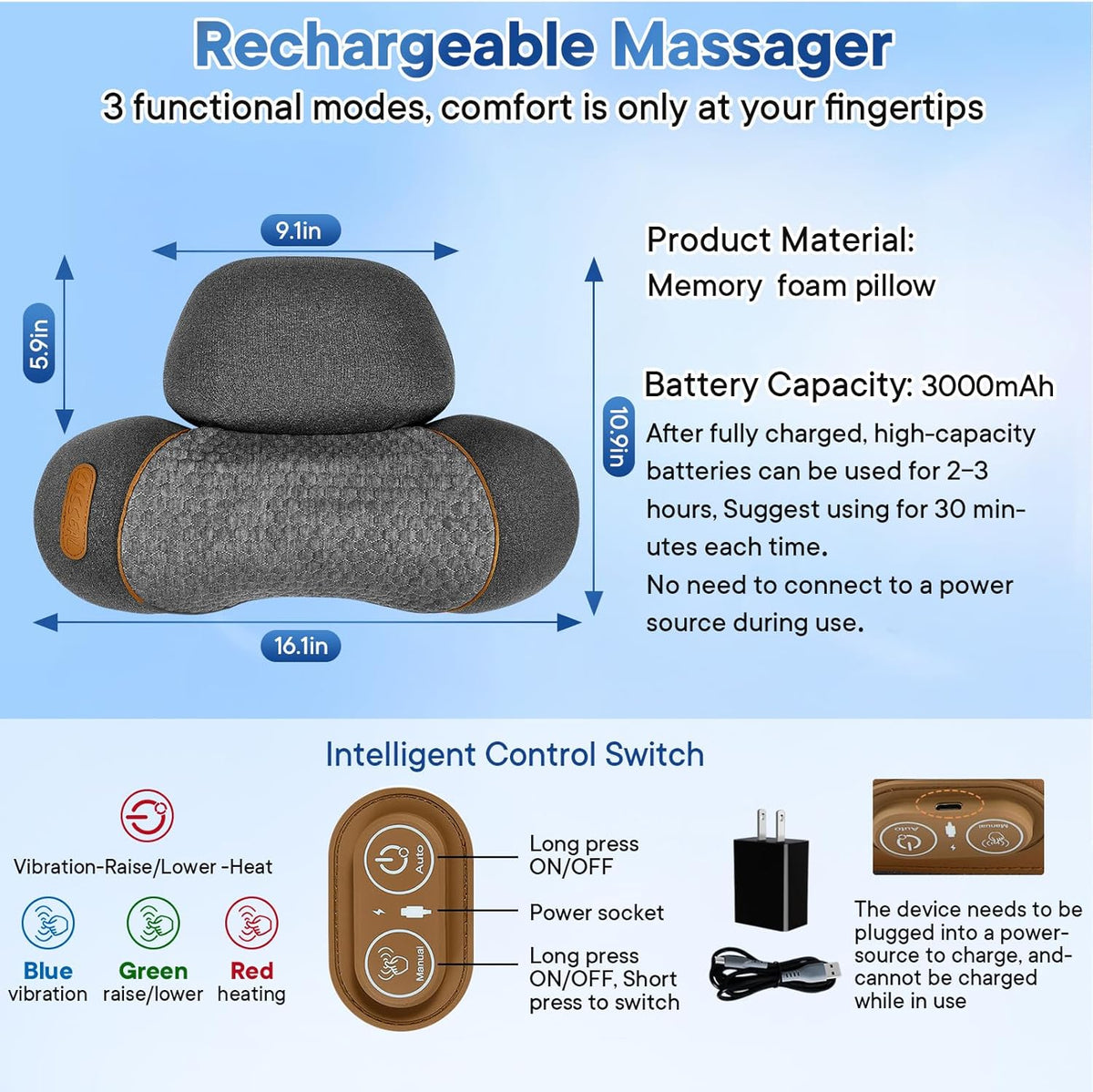 3-in-1 Heated Neck Massager Pillow – Vibration & Traction